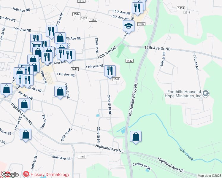 map of restaurants, bars, coffee shops, grocery stores, and more near 1020 22nd Street Place Northeast in Hickory