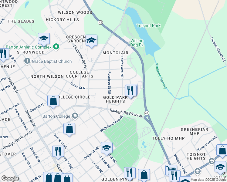 map of restaurants, bars, coffee shops, grocery stores, and more near 611 Grove Street Northeast in Wilson
