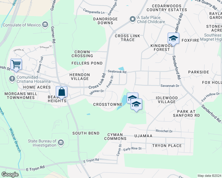 map of restaurants, bars, coffee shops, grocery stores, and more near 2926 Newark Drive in Raleigh