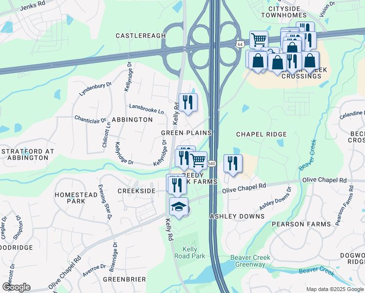 map of restaurants, bars, coffee shops, grocery stores, and more near 2255 Red Knot Lane in Apex