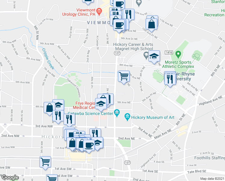 map of restaurants, bars, coffee shops, grocery stores, and more near 115 6th Avenue Northeast in Hickory