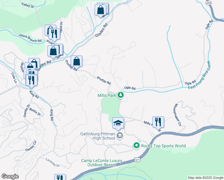 map of restaurants, bars, coffee shops, grocery stores, and more near 430 Proffitt Road in Gatlinburg