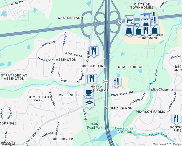 map of restaurants, bars, coffee shops, grocery stores, and more near 2255 Red Knot Lane in Apex