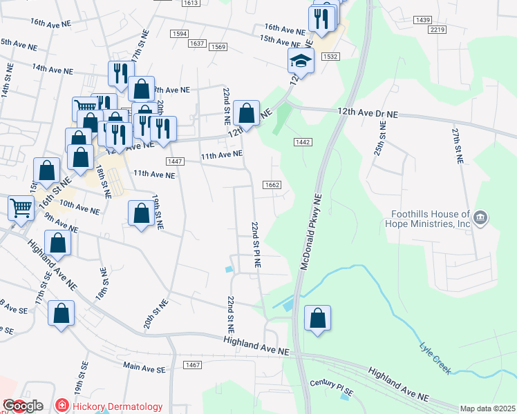 map of restaurants, bars, coffee shops, grocery stores, and more near 1020 22nd Street Place Northeast in Hickory