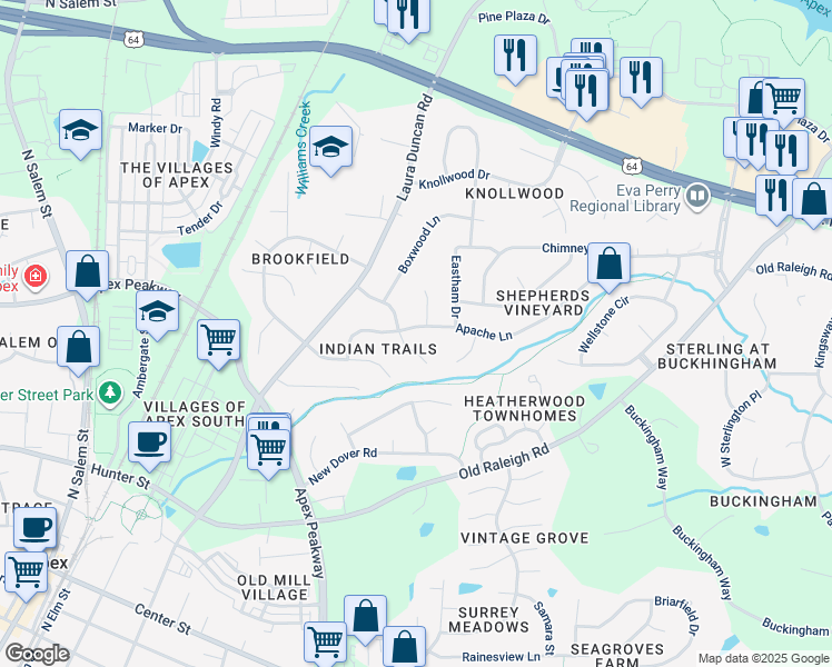 map of restaurants, bars, coffee shops, grocery stores, and more near 1102 Apache Lane in Apex
