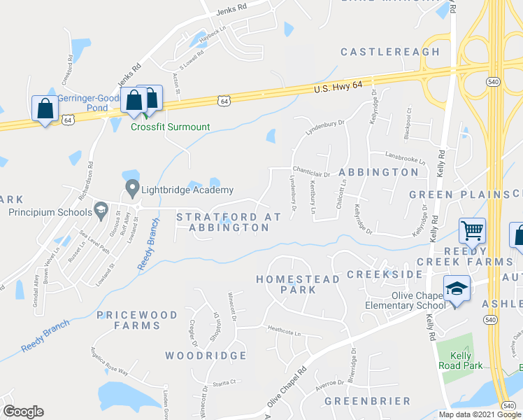 map of restaurants, bars, coffee shops, grocery stores, and more near 2548 Bryant Pond Lane in Apex