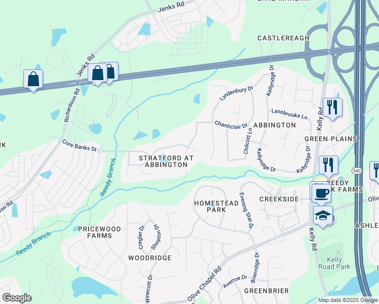 map of restaurants, bars, coffee shops, grocery stores, and more near 2548 Bryant Pond Lane in Apex