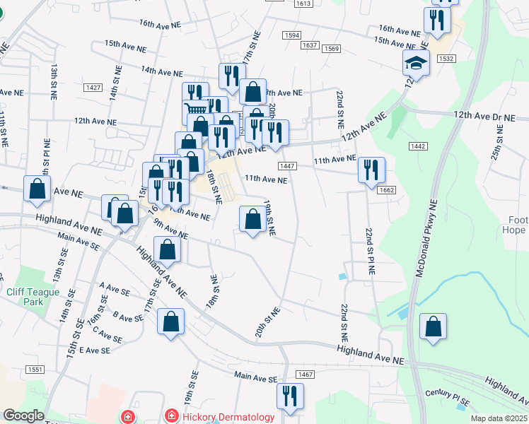 map of restaurants, bars, coffee shops, grocery stores, and more near 1055 19th Street Northeast in Hickory