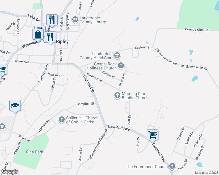 map of restaurants, bars, coffee shops, grocery stores, and more near 195 Barbee Avenue in Ripley