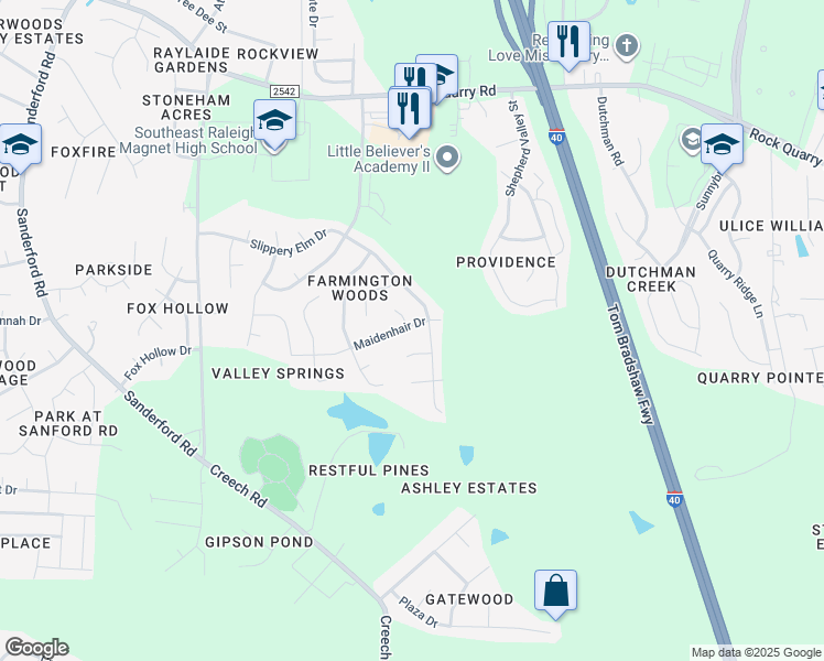 map of restaurants, bars, coffee shops, grocery stores, and more near 2811 Maidenhair Drive in Raleigh