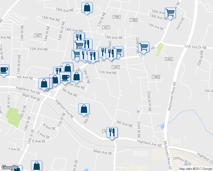 map of restaurants, bars, coffee shops, grocery stores, and more near 1055 19th Street Northeast in Hickory