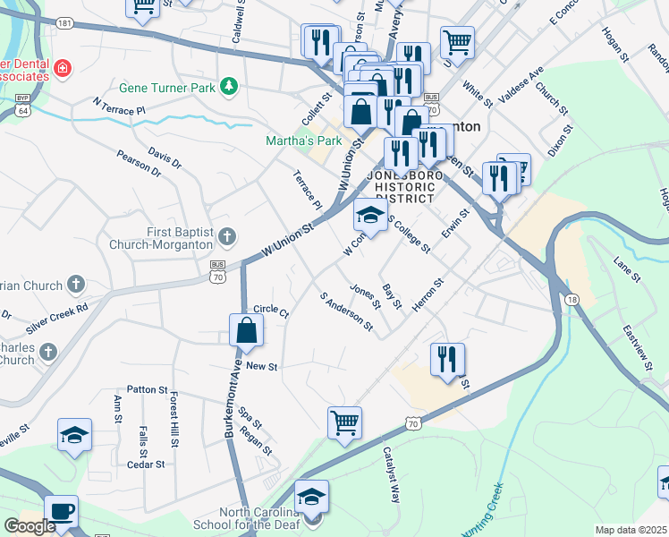 map of restaurants, bars, coffee shops, grocery stores, and more near 323 West Concord Street in Morganton