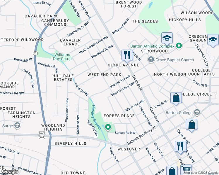 map of restaurants, bars, coffee shops, grocery stores, and more near 398 Kincaid Avenue Northwest in Wilson