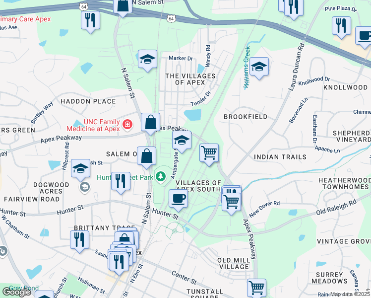map of restaurants, bars, coffee shops, grocery stores, and more near 1151 Platform Drive in Apex