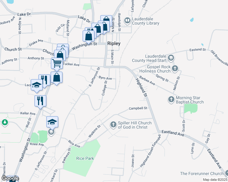 map of restaurants, bars, coffee shops, grocery stores, and more near 112 Maple Avenue in Ripley