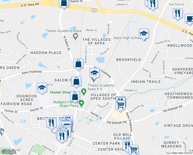 map of restaurants, bars, coffee shops, grocery stores, and more near 1151 Platform Drive in Apex
