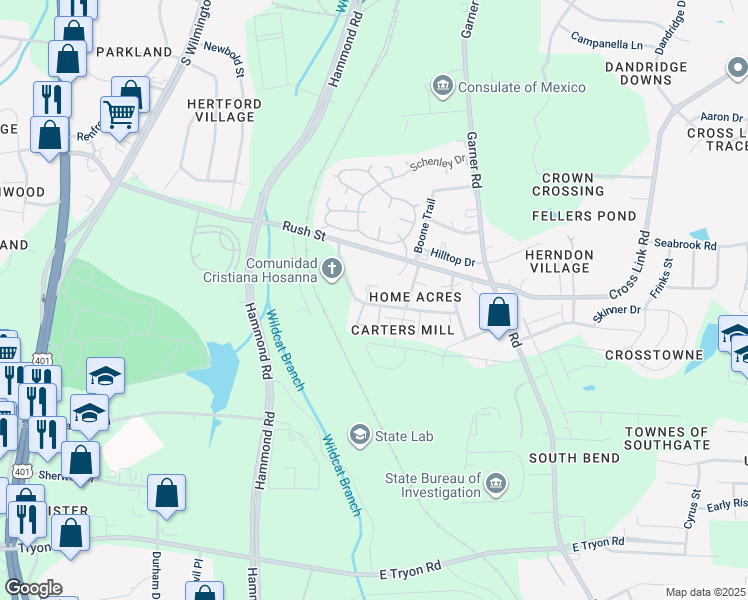 map of restaurants, bars, coffee shops, grocery stores, and more near 2924 Old Mill Stream Court in Raleigh