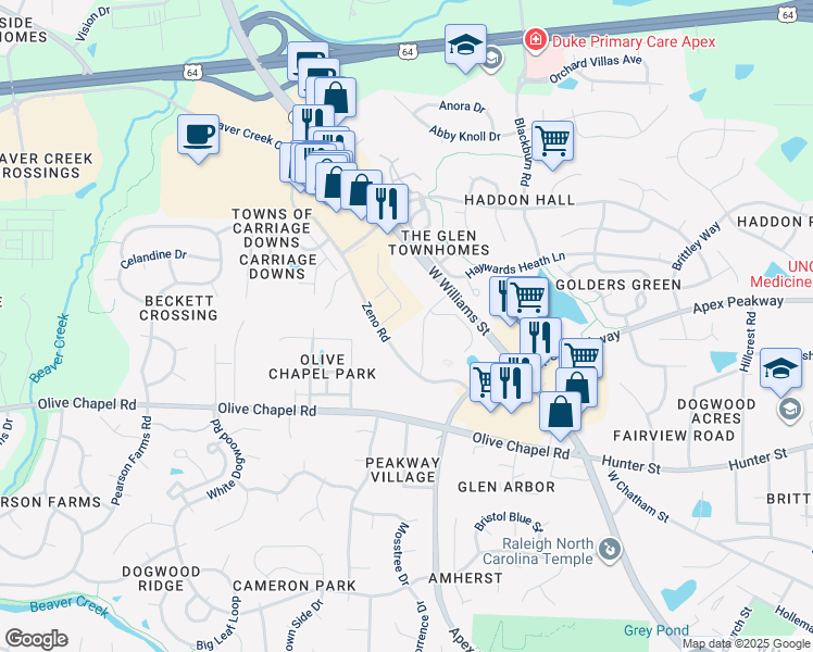 map of restaurants, bars, coffee shops, grocery stores, and more near 1410 Zeno Road in Apex