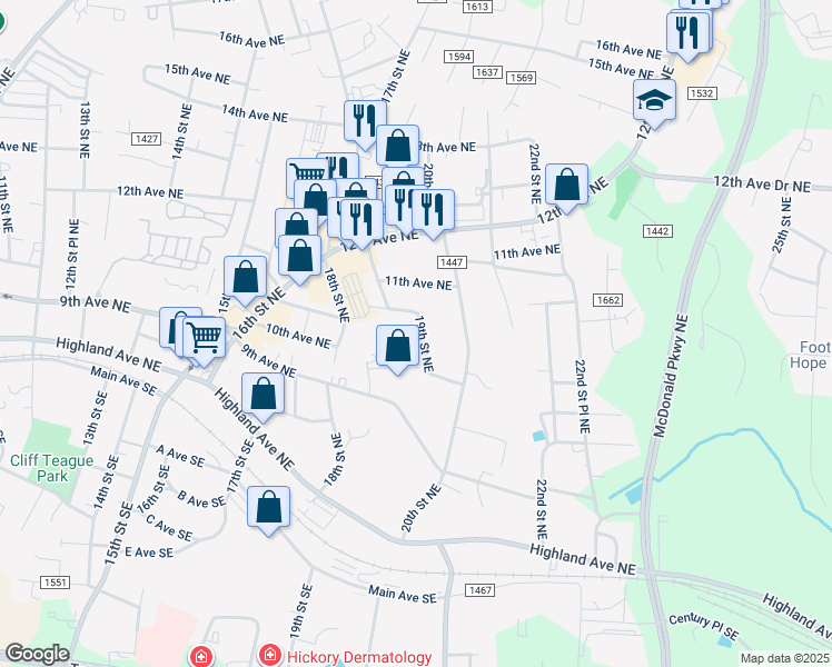 map of restaurants, bars, coffee shops, grocery stores, and more near 1066 19th Street Northeast in Hickory