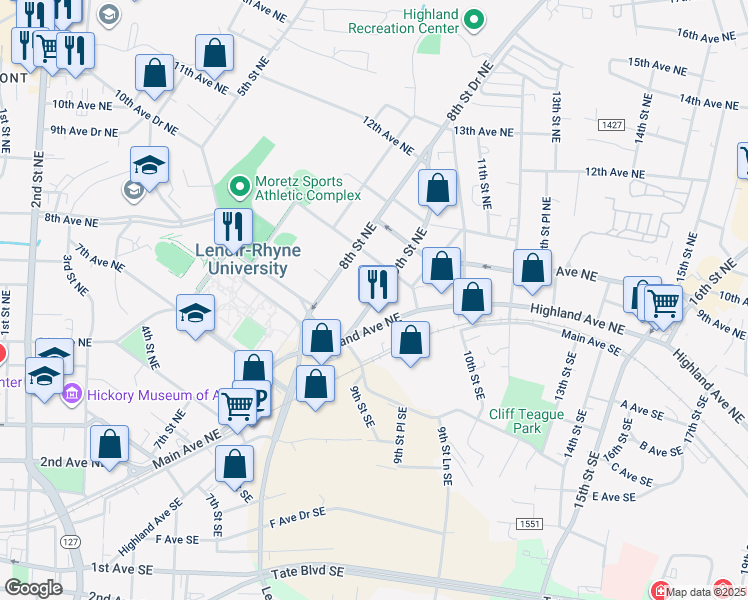 map of restaurants, bars, coffee shops, grocery stores, and more near 867 9th St NE in Hickory
