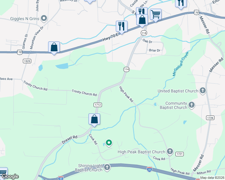 map of restaurants, bars, coffee shops, grocery stores, and more near 1647 Drexel Road in Valdese