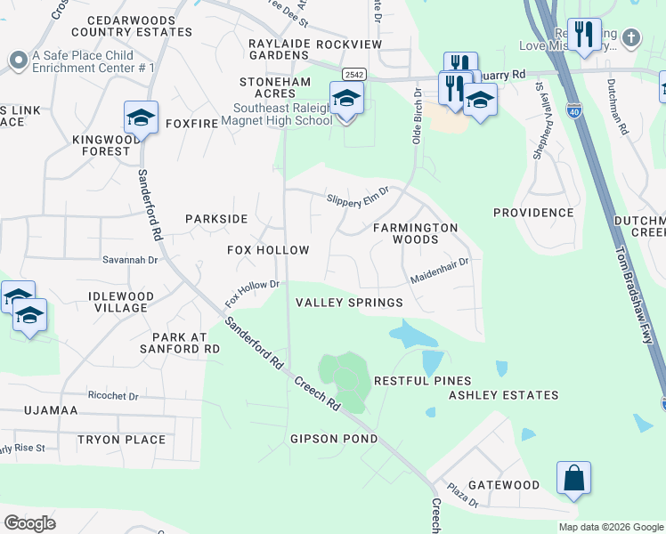 map of restaurants, bars, coffee shops, grocery stores, and more near 3105 Mango Drive in Raleigh