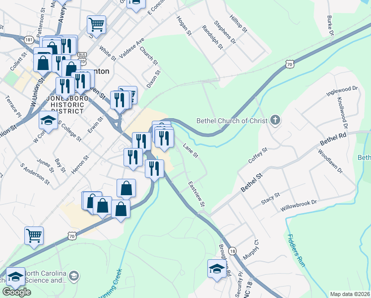 map of restaurants, bars, coffee shops, grocery stores, and more near 111 Lane Street in Morganton