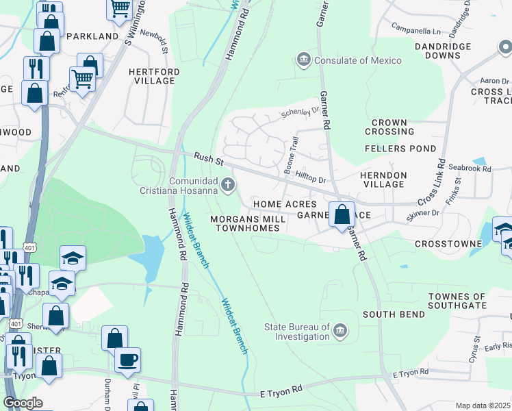 map of restaurants, bars, coffee shops, grocery stores, and more near 2924 Old Mill Stream Court in Raleigh