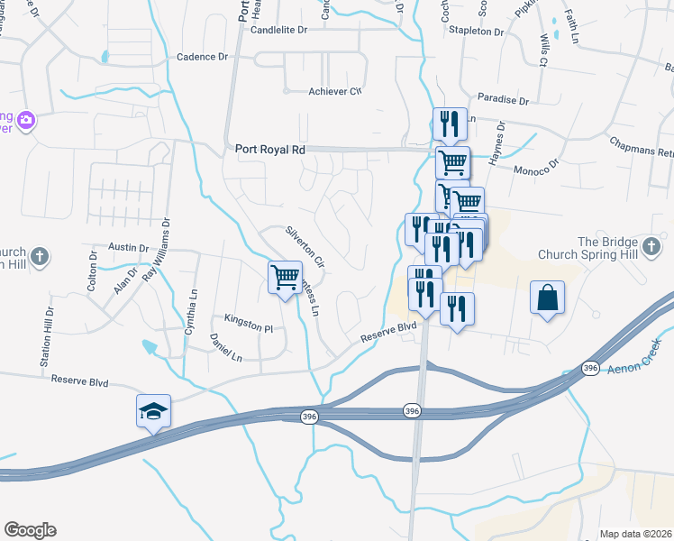 map of restaurants, bars, coffee shops, grocery stores, and more near 3005 Hope Circle in Spring Hill