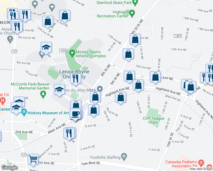 map of restaurants, bars, coffee shops, grocery stores, and more near 851 9th Street Northeast in Hickory