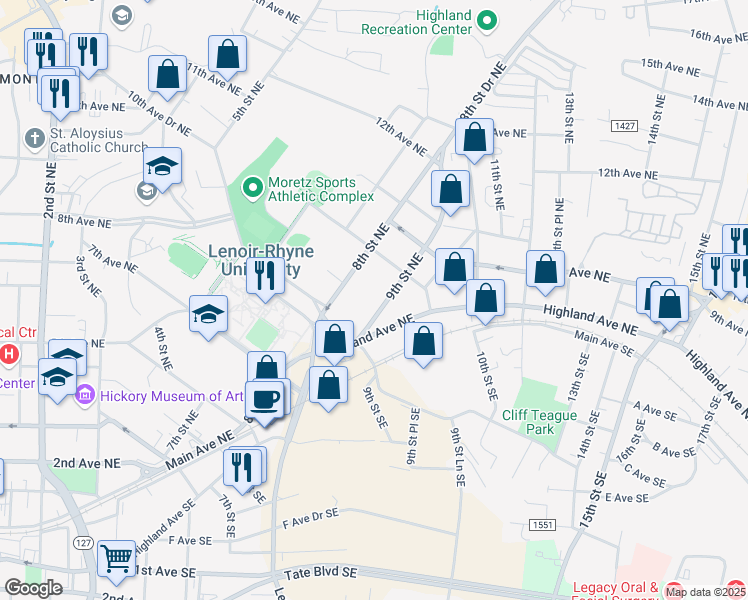 map of restaurants, bars, coffee shops, grocery stores, and more near 851 9th Street Northeast in Hickory