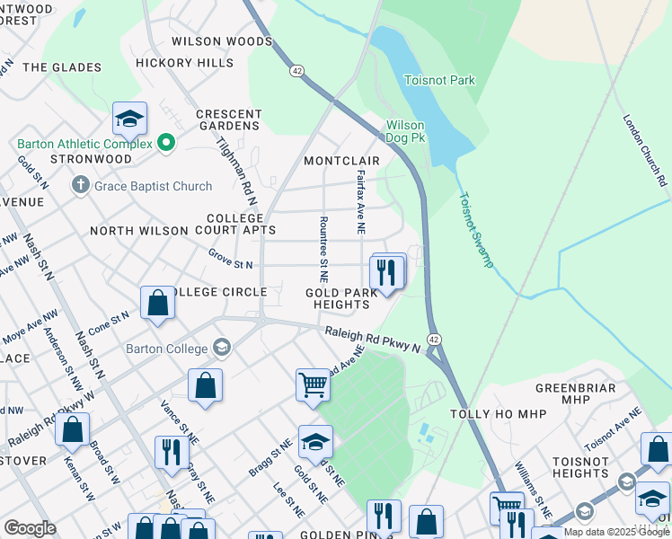map of restaurants, bars, coffee shops, grocery stores, and more near 611 Grove Street Northeast in Wilson