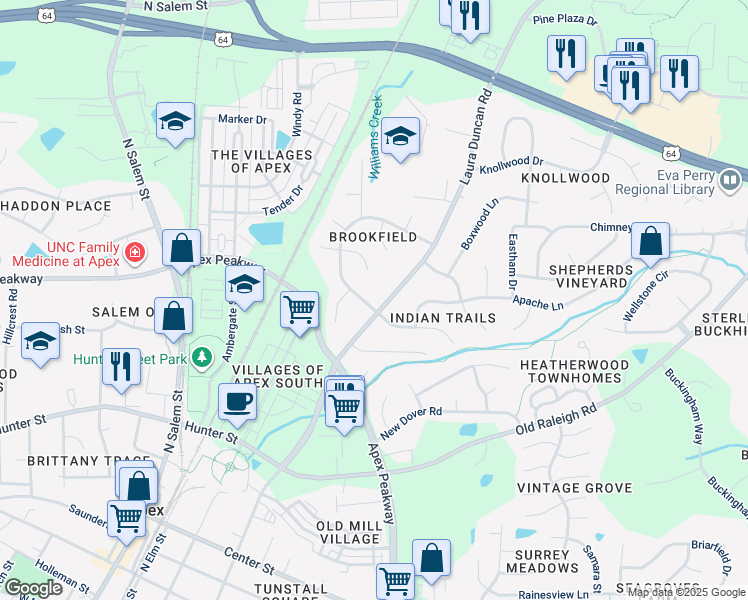map of restaurants, bars, coffee shops, grocery stores, and more near 1001 Laura Duncan Road in Apex