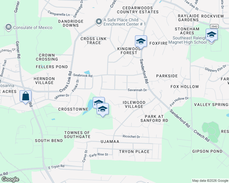 map of restaurants, bars, coffee shops, grocery stores, and more near 1121 Savannah Drive in Raleigh