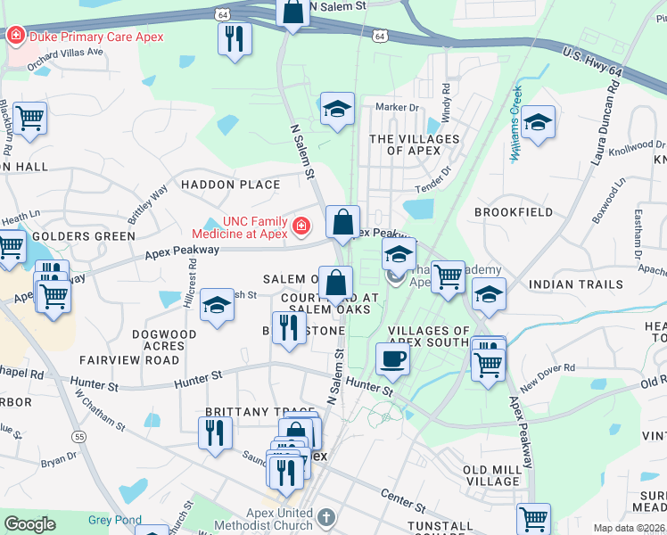 map of restaurants, bars, coffee shops, grocery stores, and more near 1000 North Salem Street in Apex