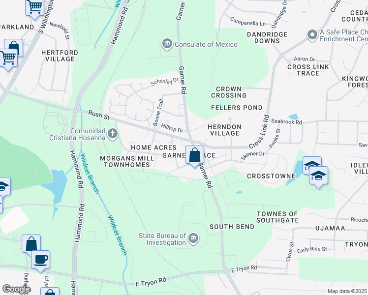 map of restaurants, bars, coffee shops, grocery stores, and more near 614 Rush Street in Raleigh