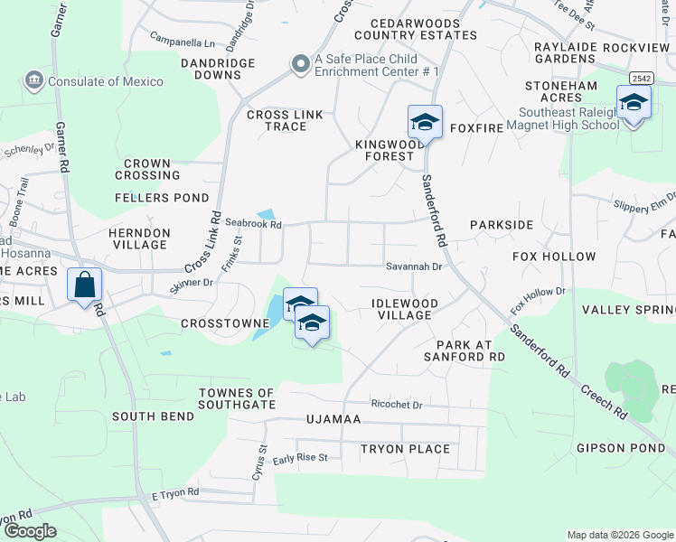 map of restaurants, bars, coffee shops, grocery stores, and more near 1121 Savannah Drive in Raleigh