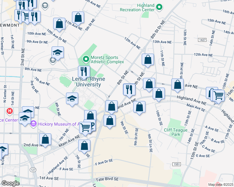 map of restaurants, bars, coffee shops, grocery stores, and more near 858 8th Street Northeast in Hickory