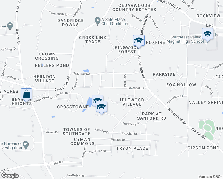 map of restaurants, bars, coffee shops, grocery stores, and more near 1124 Savannah Drive in Raleigh