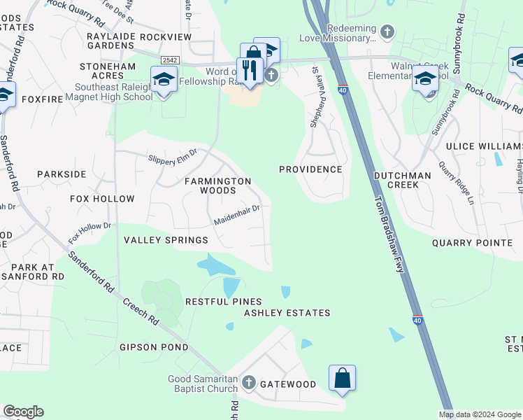 map of restaurants, bars, coffee shops, grocery stores, and more near 3317 Slippery Elm Drive in Raleigh
