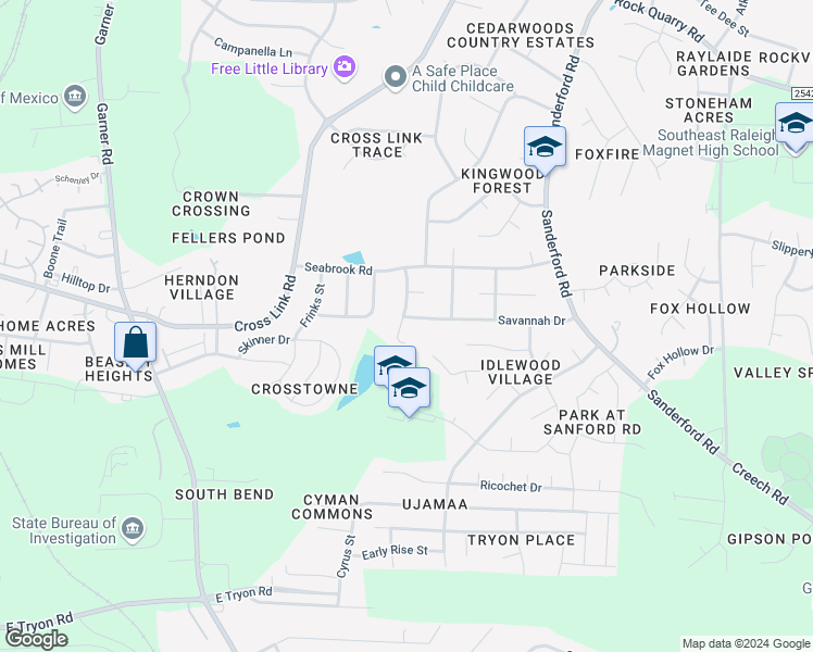 map of restaurants, bars, coffee shops, grocery stores, and more near 1100 Savannah Drive in Raleigh
