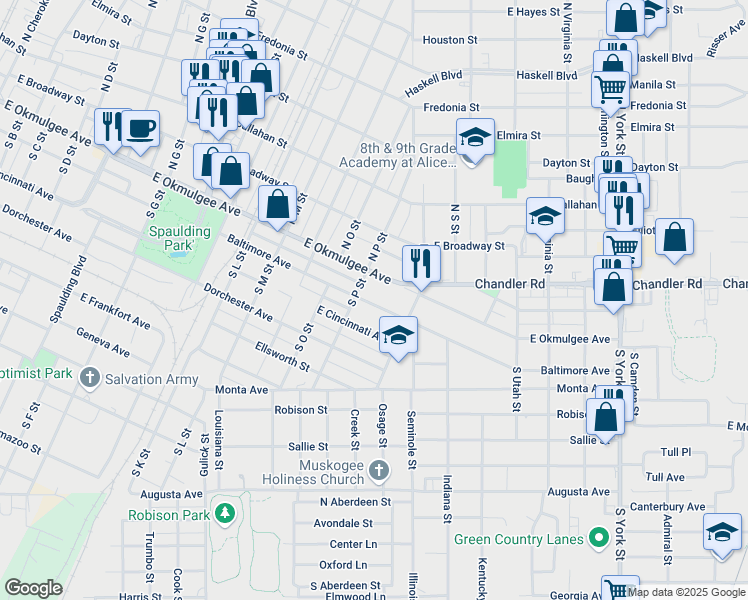 map of restaurants, bars, coffee shops, grocery stores, and more near 1647 East Okmulgee Avenue in Muskogee
