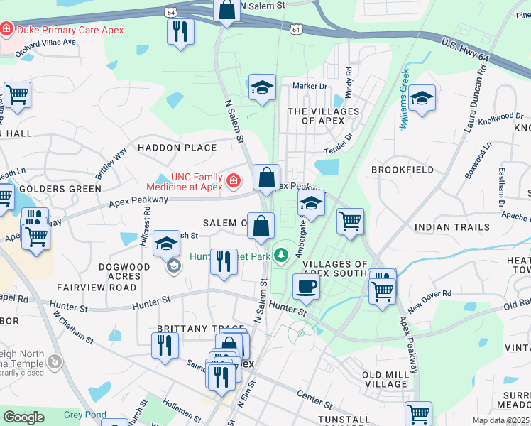map of restaurants, bars, coffee shops, grocery stores, and more near North Salem Street in Apex