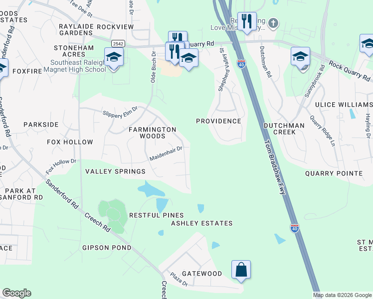 map of restaurants, bars, coffee shops, grocery stores, and more near 3301 Slippery Elm Drive in Raleigh