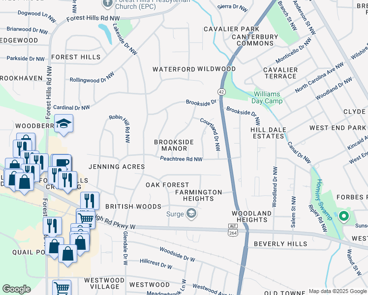 map of restaurants, bars, coffee shops, grocery stores, and more near 1105 Peachtree Place in Wilson