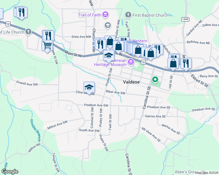 map of restaurants, bars, coffee shops, grocery stores, and more near 505 Praley Street Southwest in Valdese