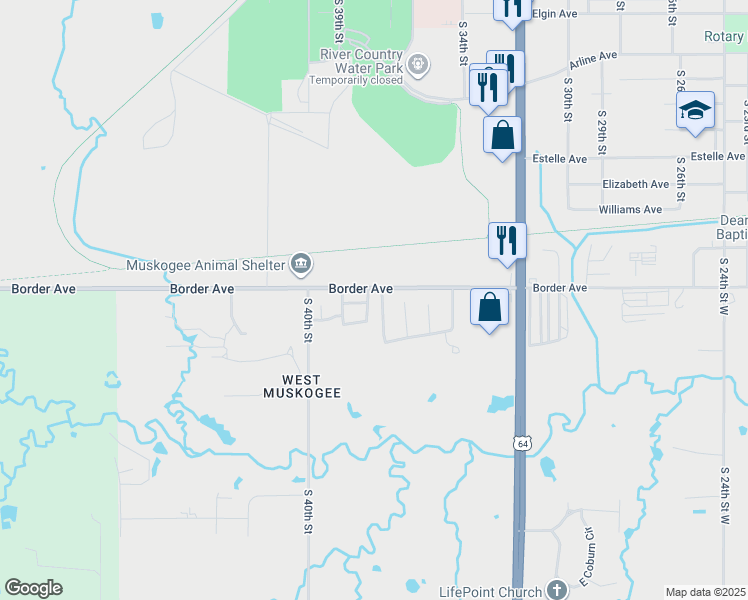 map of restaurants, bars, coffee shops, grocery stores, and more near 3901 Border Avenue in Muskogee