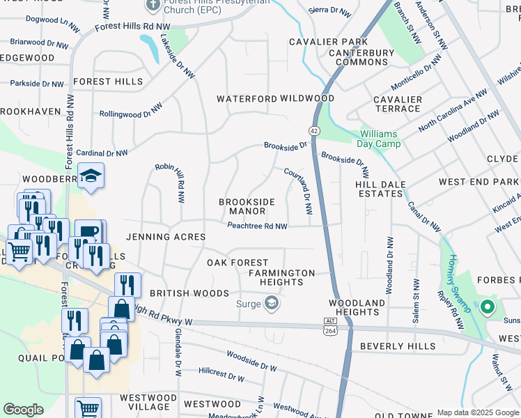 map of restaurants, bars, coffee shops, grocery stores, and more near 1105 Peachtree Place in Wilson