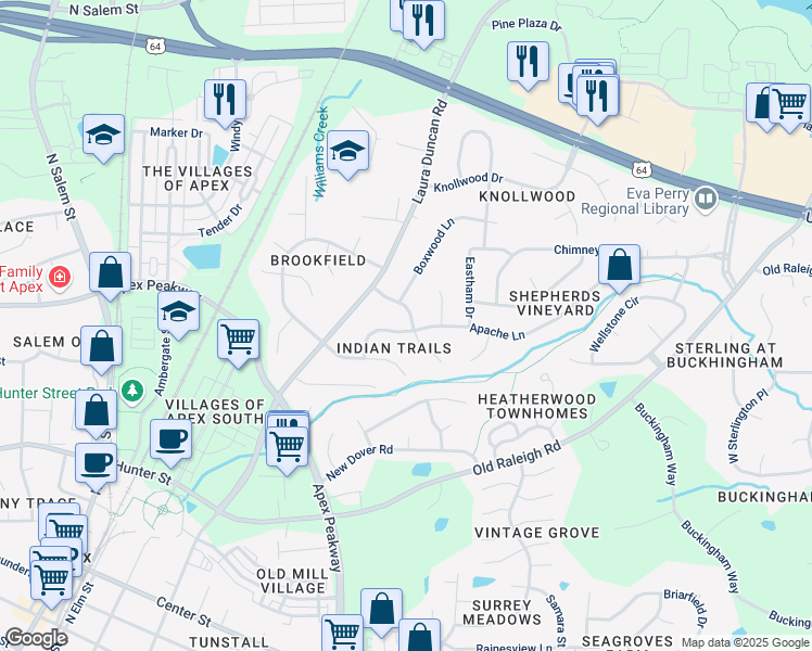 map of restaurants, bars, coffee shops, grocery stores, and more near 1104 Indian Trail in Apex