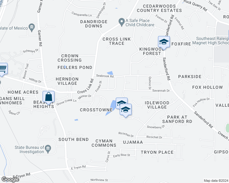 map of restaurants, bars, coffee shops, grocery stores, and more near 2901 Newark Drive in Raleigh